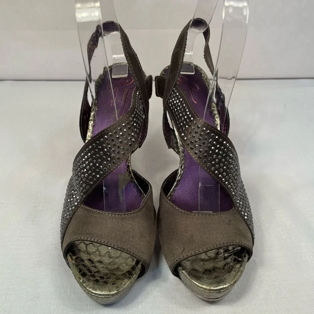 Gray Sandals 4.5” Heels with Rhinestone Detailing size 36.5 NWOT